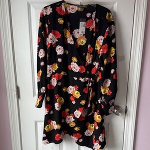 Floral Wrap Mini Dress - Black with Red, Yellow & Pink Flowers